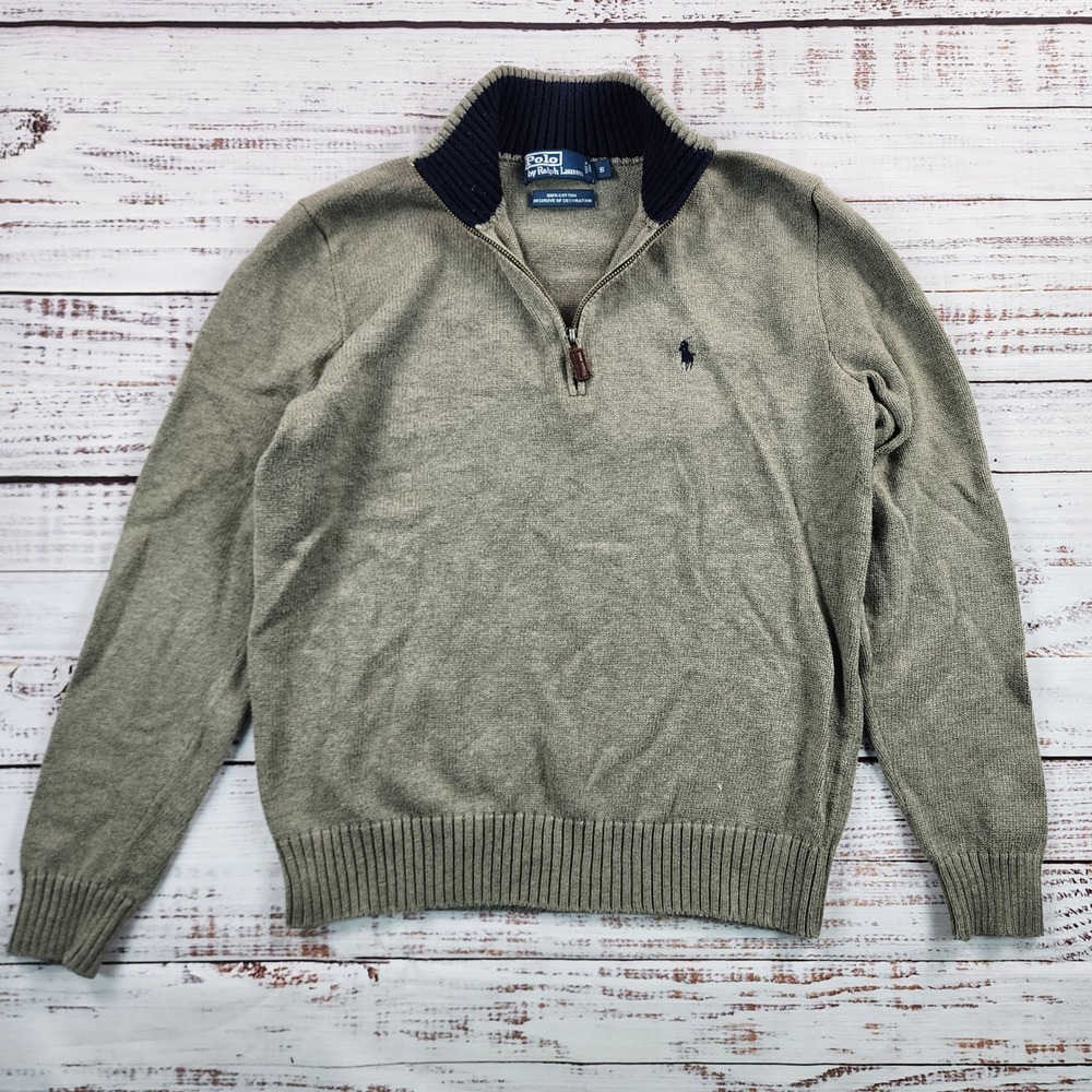 Polo Ralph Lauren Mens 1/4 Zip Cotton Knit Sweater Tan Beige Mock Neck Small S